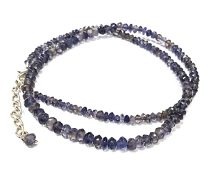 Natural Iolite Faceted Rondell Beads Necklace With Silver Plated Chain - Picture 1 of 6