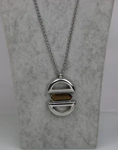 Lia sophia signed jewelry tiger eye huge pendant silver tone long necklace chain - Picture 1 of 7