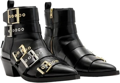 AllSaints Women's Jane Black Leather Buckle Ankle Boot Heel Pointed Toe 38 / 8 - Image 1 of 4