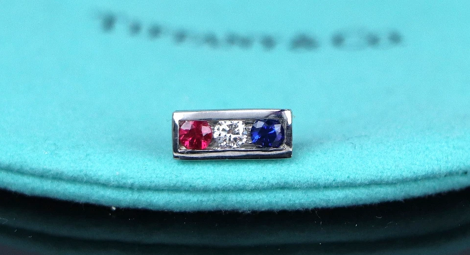 Tiffany & Co Platinum Round Blue Sapphire Ruby Diamond Bar American Flag Tie Pin - Image 1 of 4