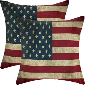 Vintage American Flag Pillow Covers 18X18 Inch Set of 2 4Th of July Memorial Day - Picture 1 of 12