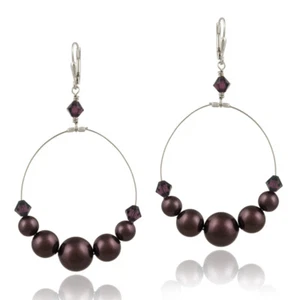 925 Silver Burgundy European Crystals Dangle Wire Earrings - Picture 1 of 3