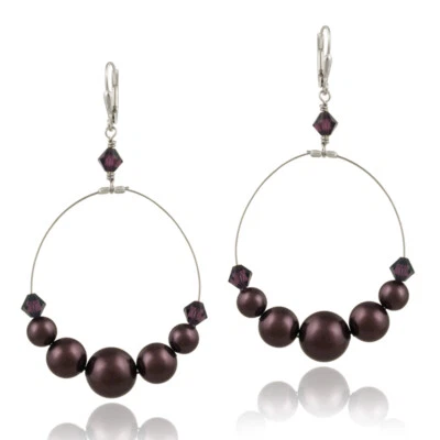 925 Silver Burgundy European Crystals Dangle Wire Earrings - Image 1 of 3