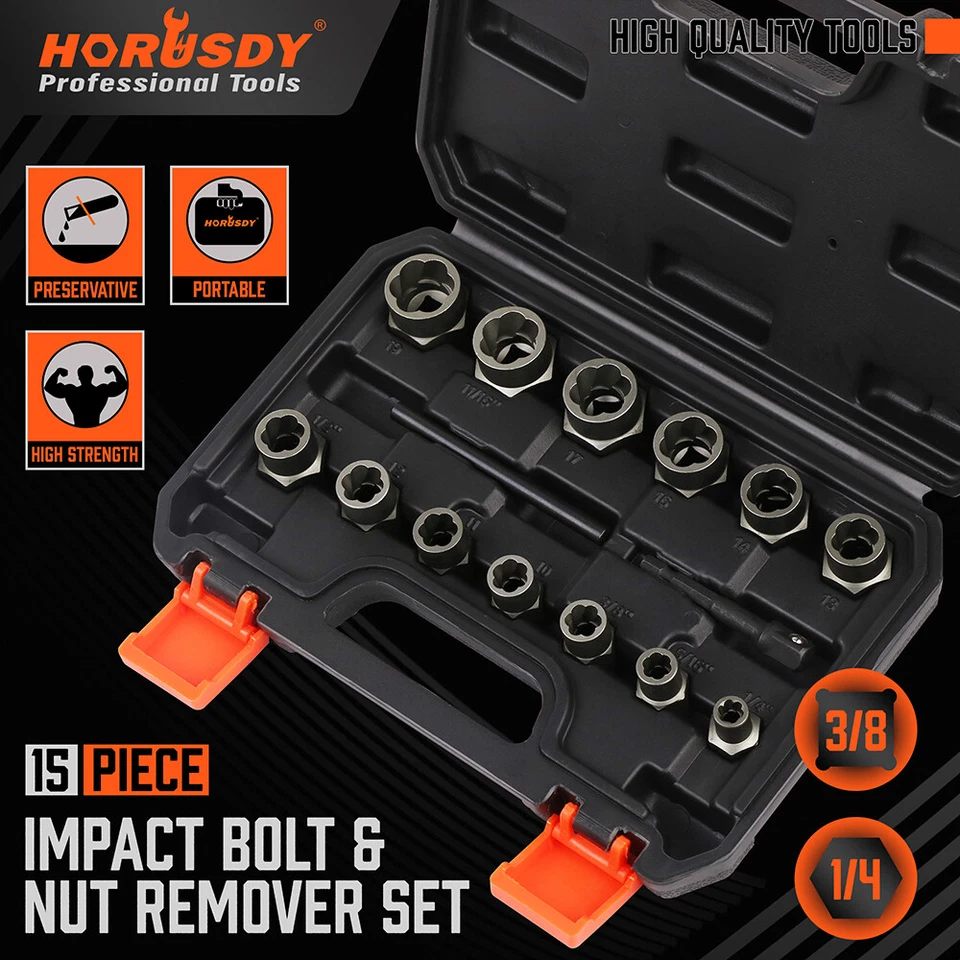 15PC Impact Bolt & Nut Remover Set Extractor Damaged Rusted Adapter Storage Case - Image 1 of 4
