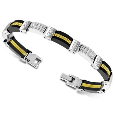 Pulsera de acero inoxidable tono plata negro tono oro para hombre, 8,5" Foto 1 de 2