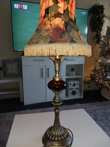 Vintage French Acanthus Table Lamp Heavy  Base Amber Glass Floral Fringe Shade - Picture 1 of 20