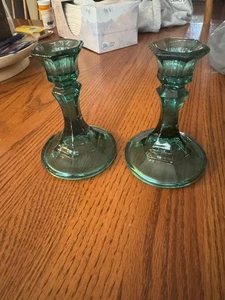 Pair Emerald Green Glass Candle Holders - Picture 1 of 5