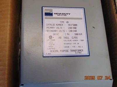 HEVI DUTY HS1F500B 0.500kVA TRANSFORMER Pri: 240/480V Sec: 120/240V 1-PH - Image 1 of 3