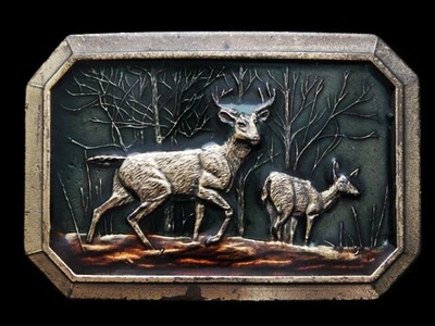 KH09107 GRAN HEBILLA DE CINTURÓN VINTAGE 1976 **BUCK & DOE DEER IN FOREST** Foto 1 de 2