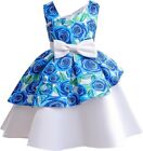 Girls Pageant Party Floral Dress w/ Bust Bowknot, Knee Length Size 3-4Y Blue