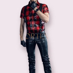 Men's Genuine Lambskin Leather Shirt Classic Red Leather Shirt LGBTQ - Picture 1 of 2