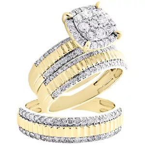 10K Yellow Gold Diamond Trio Set Halo Bridal Ring + Fluted Wedding Band 1.50 CT. - Picture 1 of 8