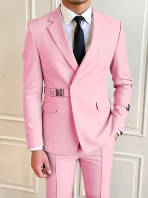 Mens 2Pcs Metal Buckle Belted Suit Wedding Groom Prom Business Suit Blazer+Pants - Image 1 of 3