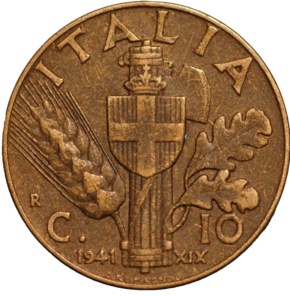 Italia 10 Centesimi 1941 R Año XIX Vittorio Emanuele III KM# 74a Foto 1 de 2