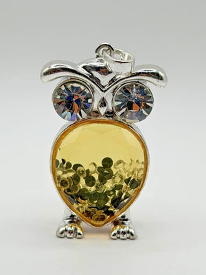 Collar Colgante Búho Tono Plata Dije Amarillo Vidrio Facetado Estrás Ojos Foto 1 de 3