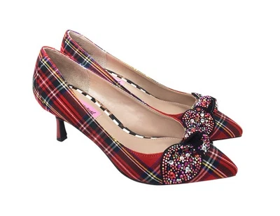 Betsey Johnson Lexie Tartan Plaid Kitten Heel Beaded Rhinestone Bow Pumps 7.5 M - Image 1 of 4