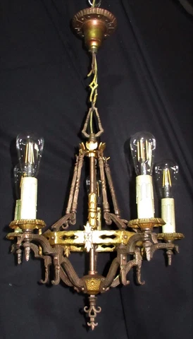 ANTIQUE TUDOR CAST IRON / BRONZE GILDED CEILING FIXTURE CHANDELIER 1930's Cover