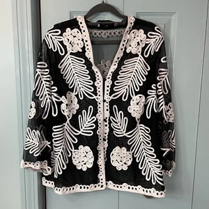 JS Collections Black Sheer White Detailing Button Long Sleeve Blouse Top Wms 16W - Picture 1 of 8