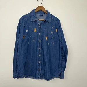 Disney Vintage Winnie the Pooh Embroidered Chambray Denim Button Down Shirt sz L - Picture 1 of 5