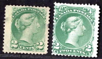 CANADA 1872 SC. # 24, 36 MINT – THE LEFT STAMP HAS THINS & THE RIGHT STAMP IS NH - Image 1 of 2