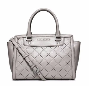 New MICHAEL KORS SELMA MICROSTUD QUILTED MD STUD SATCHEL PEARL GREY bag tote  - Picture 1 of 9