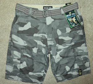 NEW IRON CO Stretch Belted Gray Camo CARGO Shorts Men Size 36 - Picture 1 of 4