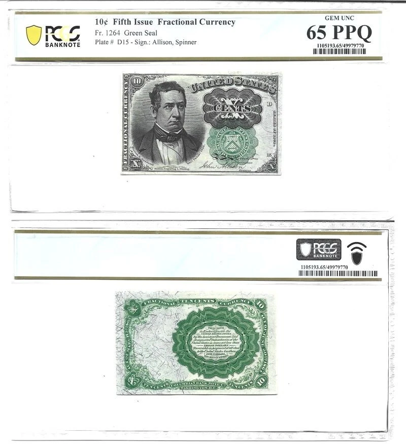 10 Cent 5th Issue Fractional Currency PCGS Gem-65 PPQ Fr. 1264 - Image 1 of 1