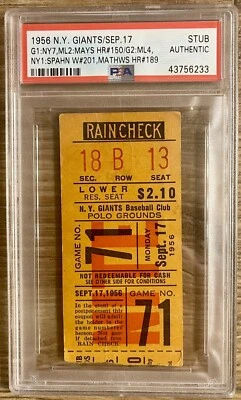 1956 WILLIE MAYS HR #150 EDDIE MATHEWS HR #189 WARREN SPAHN WIN#201 TICKET🎟️PSA - Image 1 of 4
