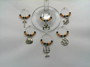 6 Halloween Spooky Themed Wine Glass Charms - Picture 1 of 5