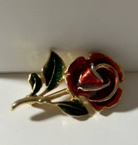 Enamel Red Rose Brooch Pin 2 Inches Vintage - Picture 1 of 6