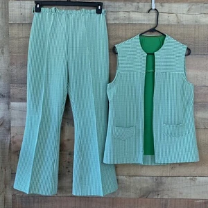 Vintage 1970s 2 Piece Green Knit Polyester Bell Bottoms Pant Vest Set Size Small - Picture 1 of 7