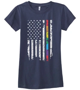 Gay Pride Rainbow American Flag Girls Fitted T-Shirt LGBT - Picture 1 of 9
