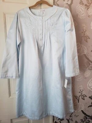 Miss Elaine Light Blue Satin Nightgown Sz M Knee Length Floral Embr Long Sleeve - Image 1 of 4
