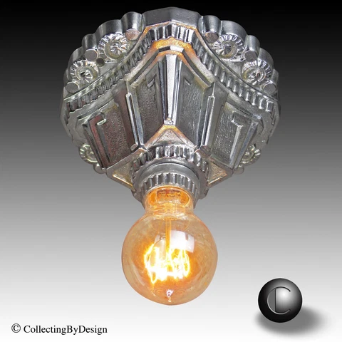 Egyptian Revival Art Deco Chrome Flush Mount Ceiling Fixture c.1933 RESTORED Cover