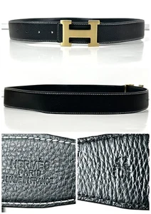 HERMÈS Men’s Black Leather Belt Big “H” Gold Buckle Size 42/105 Made In F - Picture 1 of 17