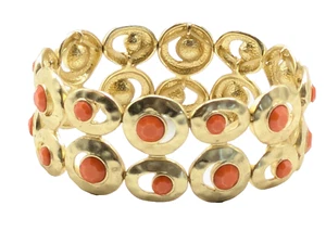 Gold Tone and Coral Color Enamel Circle Link Stretch Bracelet - Picture 1 of 8