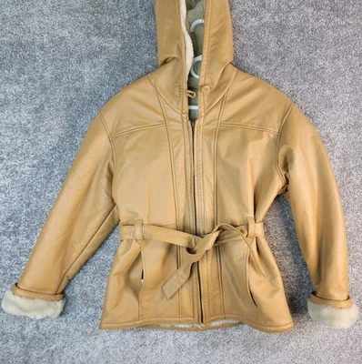 Chaqueta de Cuero Wilson Mujer M Abrigo con Capucha Marrón Tostado Forrado de Piel Sintética PESADO De Colección Foto 1 de 4