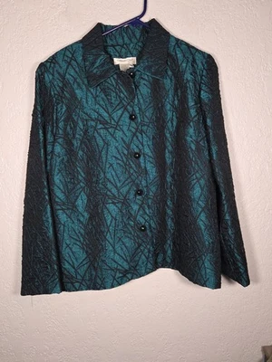 Coldwater Creek Womens Size PM Emerald Leaves Metallic Crinkle Blazer Jacket - Image 1 of 4