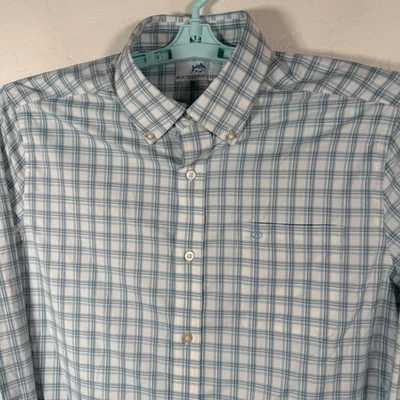 Southern Tide Shirt Mens Medium White Blue Intercostal Stretch Performance Plaid - Image 1 of 4