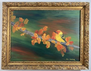 Vintage Original Oil Painting Fine Still Life Bird on Tree Branch Leaves -Signed - Picture 1 of 10