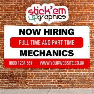 NOW HIRING Mechanic Job Advert PVC Outdoor Banner Sign Red V2 Recruitment Garage - Picture 1 of 18