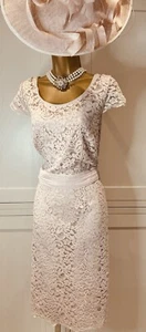 Jacques Vert UK 16 Blush Beaded Lace Overlay Sleeved Fitted Occasion Dress - Picture 1 of 20