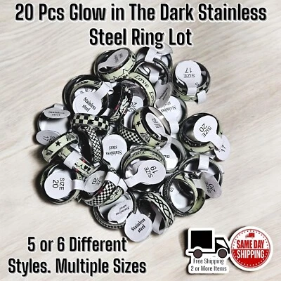 20 Pcs Random Stainless Steel Glow In The Dark Band Ring Lot. Different Styles - Image 1 of 3