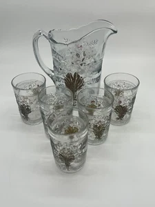 Vintage Indiana Glass Narcissist Spray Pitcher with 5 Glasses, hand painted and - Picture 1 of 7