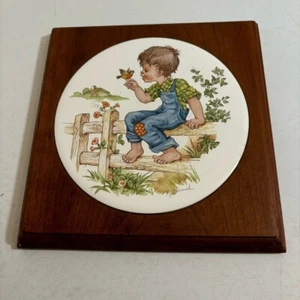 Vintage ceramic wood trivet kitchen hot pad decor art boy with butterfly - Picture 1 of 12