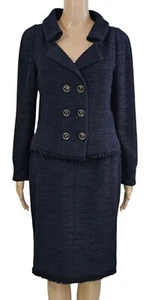 CHANEL Resort 2013 Navy Blue Notched Bouclé Jacket Skirt Set 40 M - Picture 1 of 22
