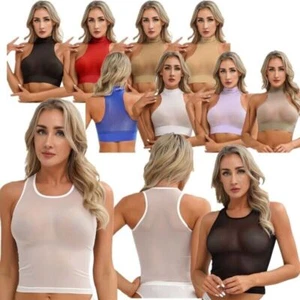 Women Sheer Mesh Crop Tank Top Halter Neck Tops Mock Neck Sleeveless Tee Shirts - Picture 1 of 60
