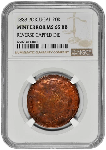 1883 20R Portugal 20 Reis NGC Mint Error MS 65 RB Reverse Capped Die - Toning Cover