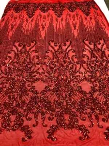 Fancy Damask Line Sequin - Red - 4 Way Stretch Sequin Design Fabric Yard - Picture 1 of 4