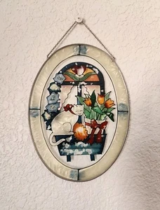 Vintage Textured Glass Cat w/ Flower Cart Sun Catcher Oval 9"X6.5" - Picture 1 of 5